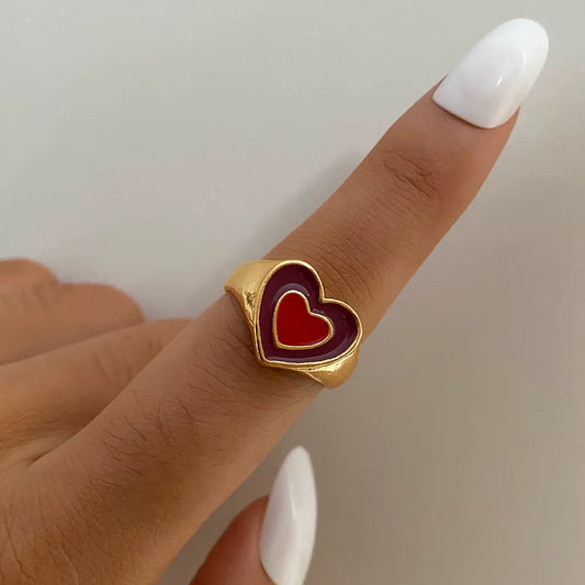 New Ins Creative Cute Colorful Double Layer Love Heart Ring Vintage Drop Oil Metal Heart Rings for Women Girls Fashion Jewelry