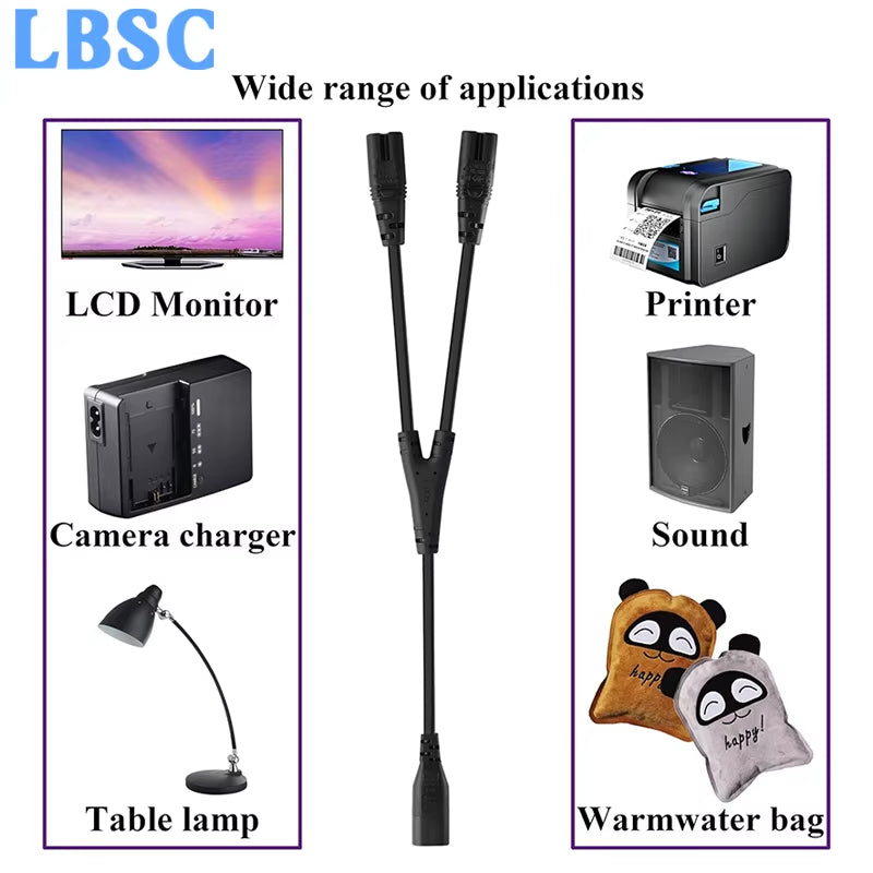 IEC320 C8 to 2X C7 Y Splitter AC Power Cord, IEC Figure 8 Male to 2 Female 1 in 2 Out AC Power Cable 30CM