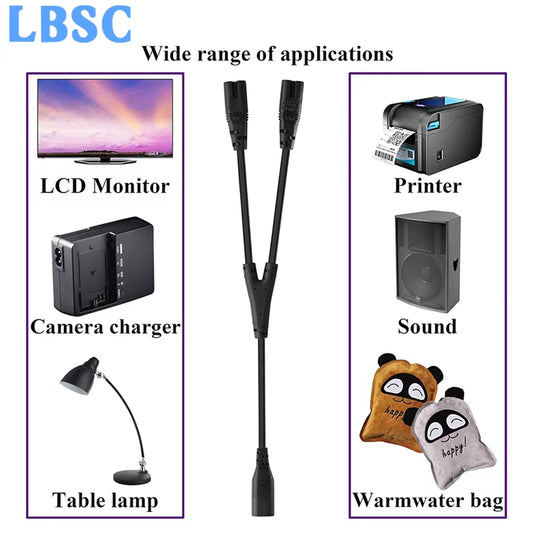 IEC320 C8 to 2X C7 Y Splitter AC Power Cord, IEC Figure 8 Male to 2 Female 1 in 2 Out AC Power Cable 30CM